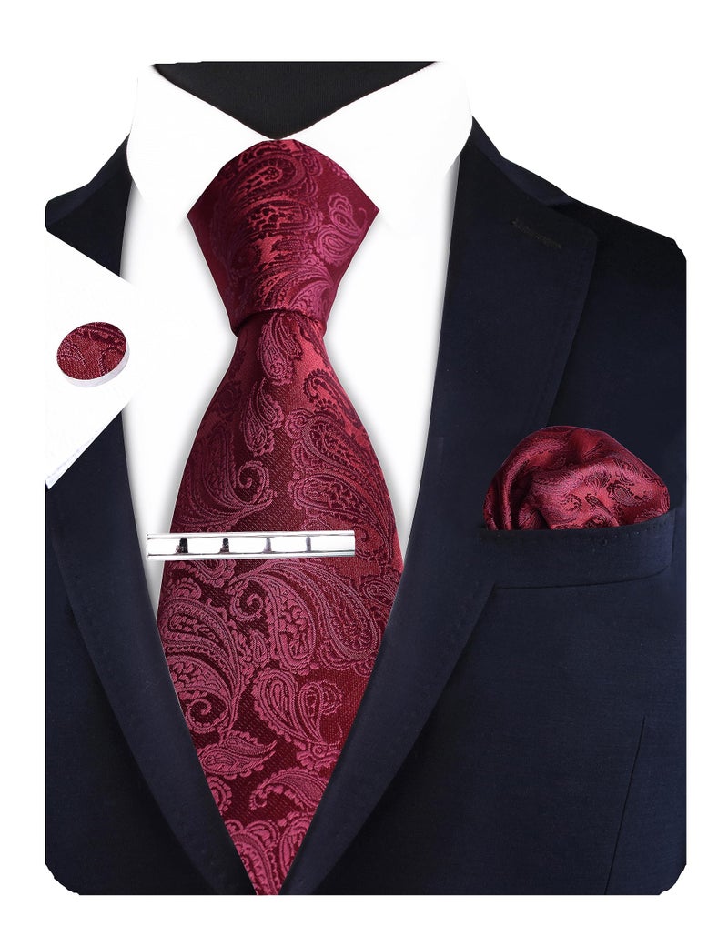 GUSLESON Burgundy Paisley Tie Sets Ties for Men Wedding Party Necktie Clip and Pocket Square Cufflinks Sets (6102-06) - Image 2